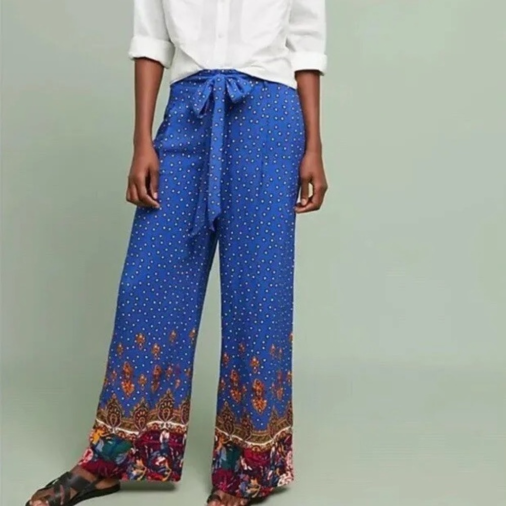 Anthropologie Blue Floral Wide Leg Pants